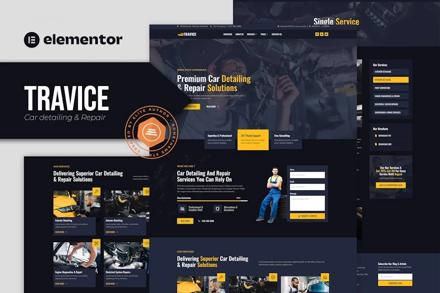Travice - Kit de plantillas Elementor para servicio de detalle y reparación de automóviles