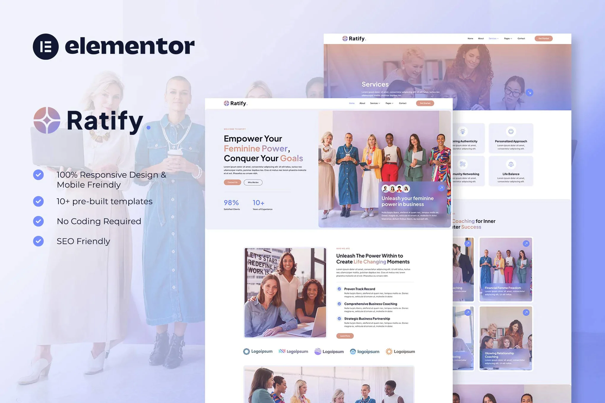 Ratify - Kit de plantillas Elementor para coaching empresarial femenino