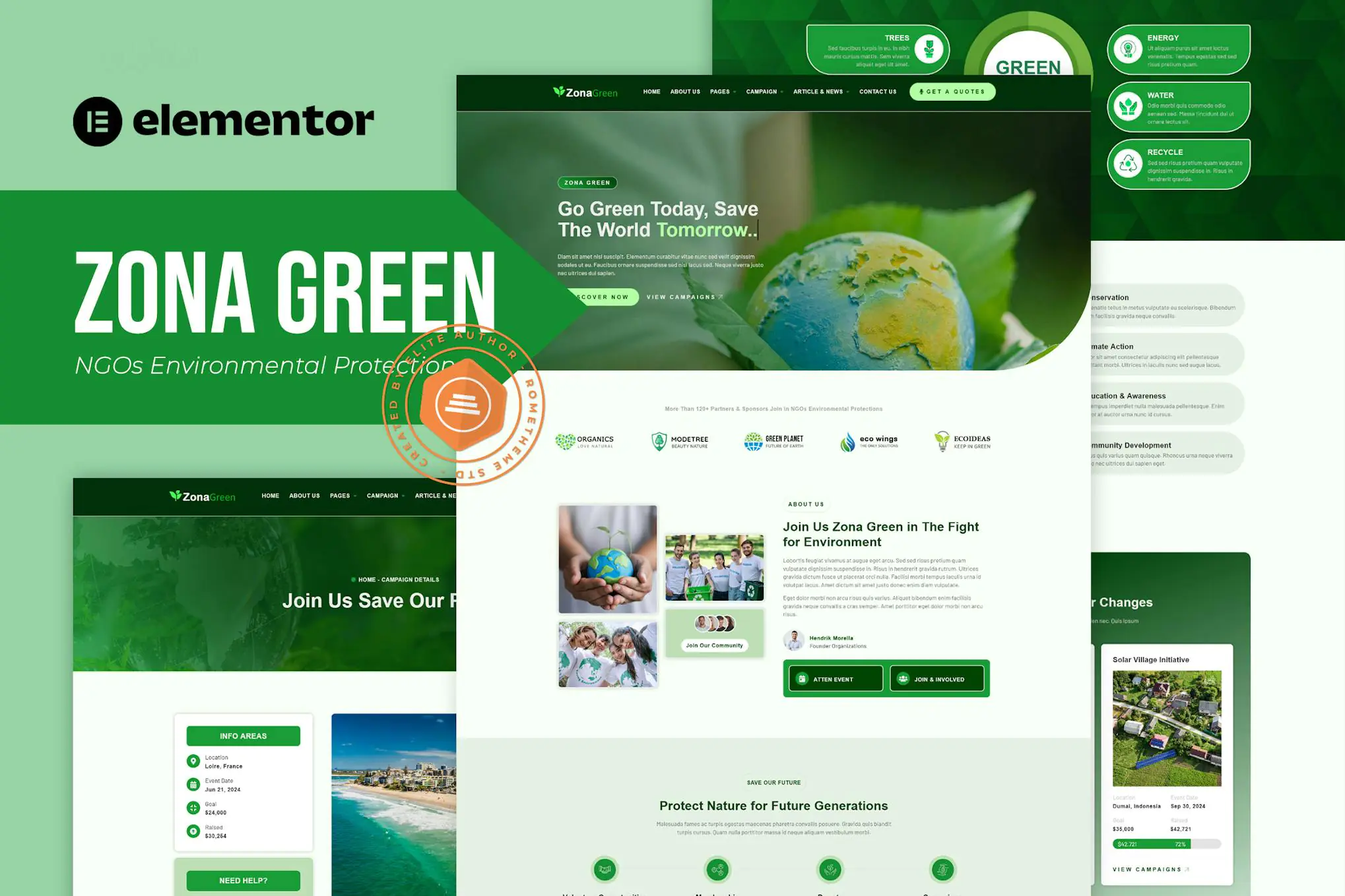 Zona Green - Kit de plantillas Elementor de protección ambiental para ONG