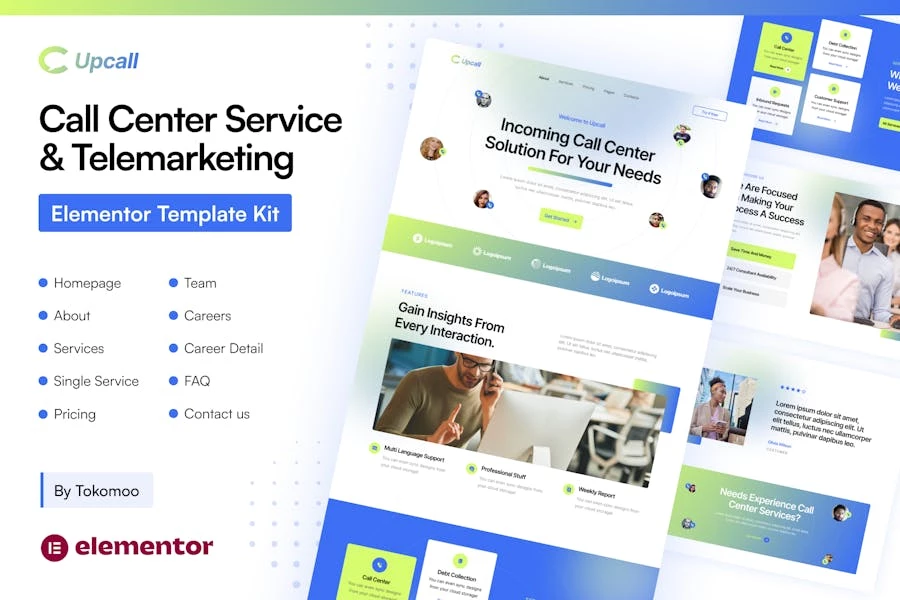 Upcall - Template Kit Elementor pro para servicio de centro de llamadas y telemarketing