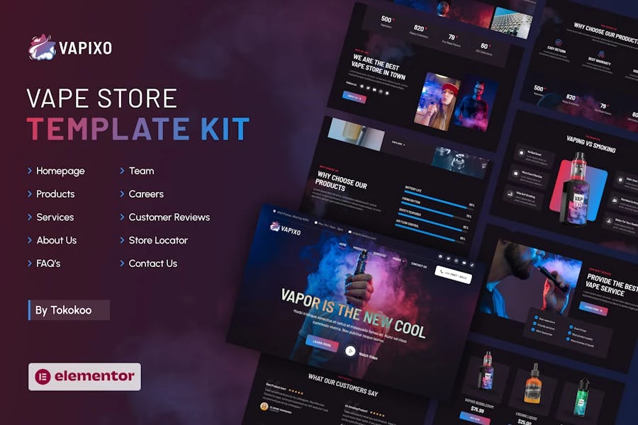 Vapixo | Kit de plantillas Elementor Pro para tienda de vapeo