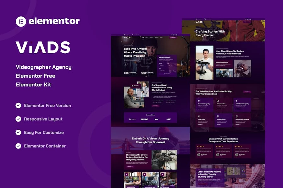 Viads - Kit de plantillas Elementor para la Agencia de Videógrafos