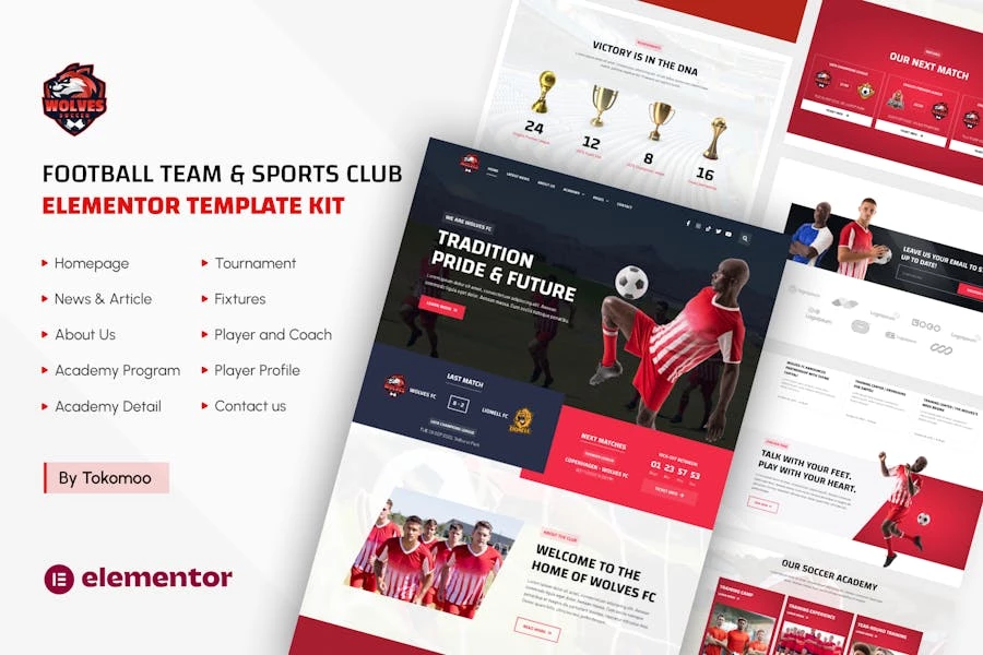 Wolves - Kit de plantillas Elementor Pro para equipos de fútbol y clubes deportivos