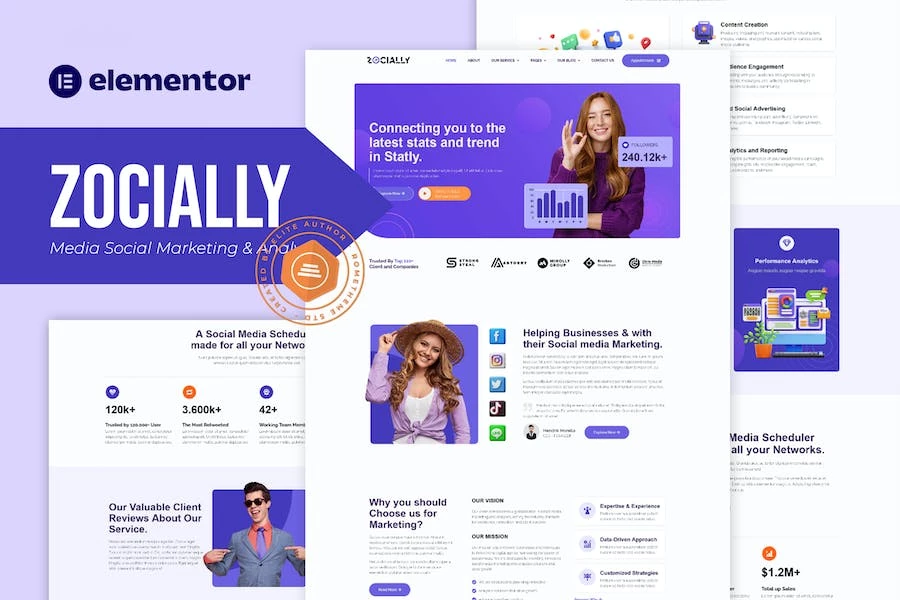 Zocially - Kit de plantillas Elementor analíticas y de marketing en redes sociales