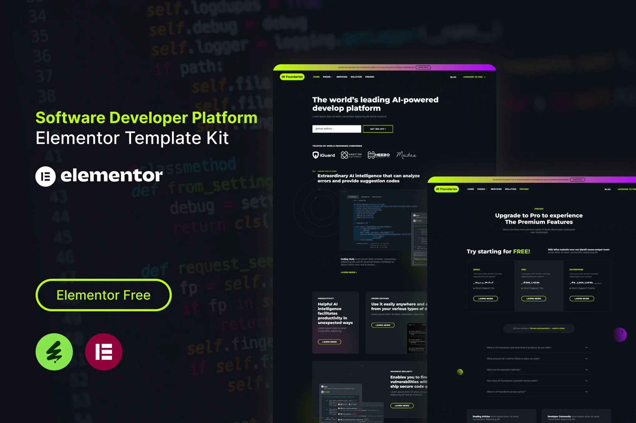 AI Foundaries - Kit de plantillas Elementor para plataformas de desarrolladores de software