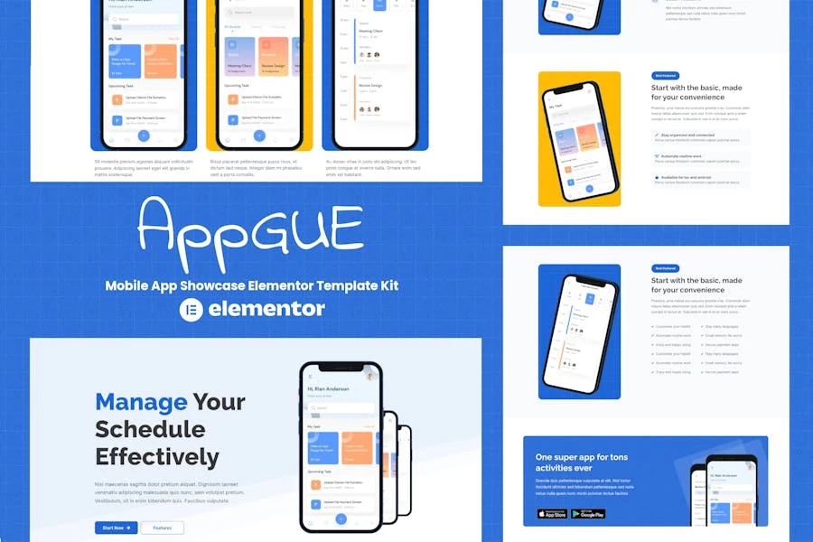 AppGue - Kit de plantillas Elementor para presentaciones de aplicaciones móviles