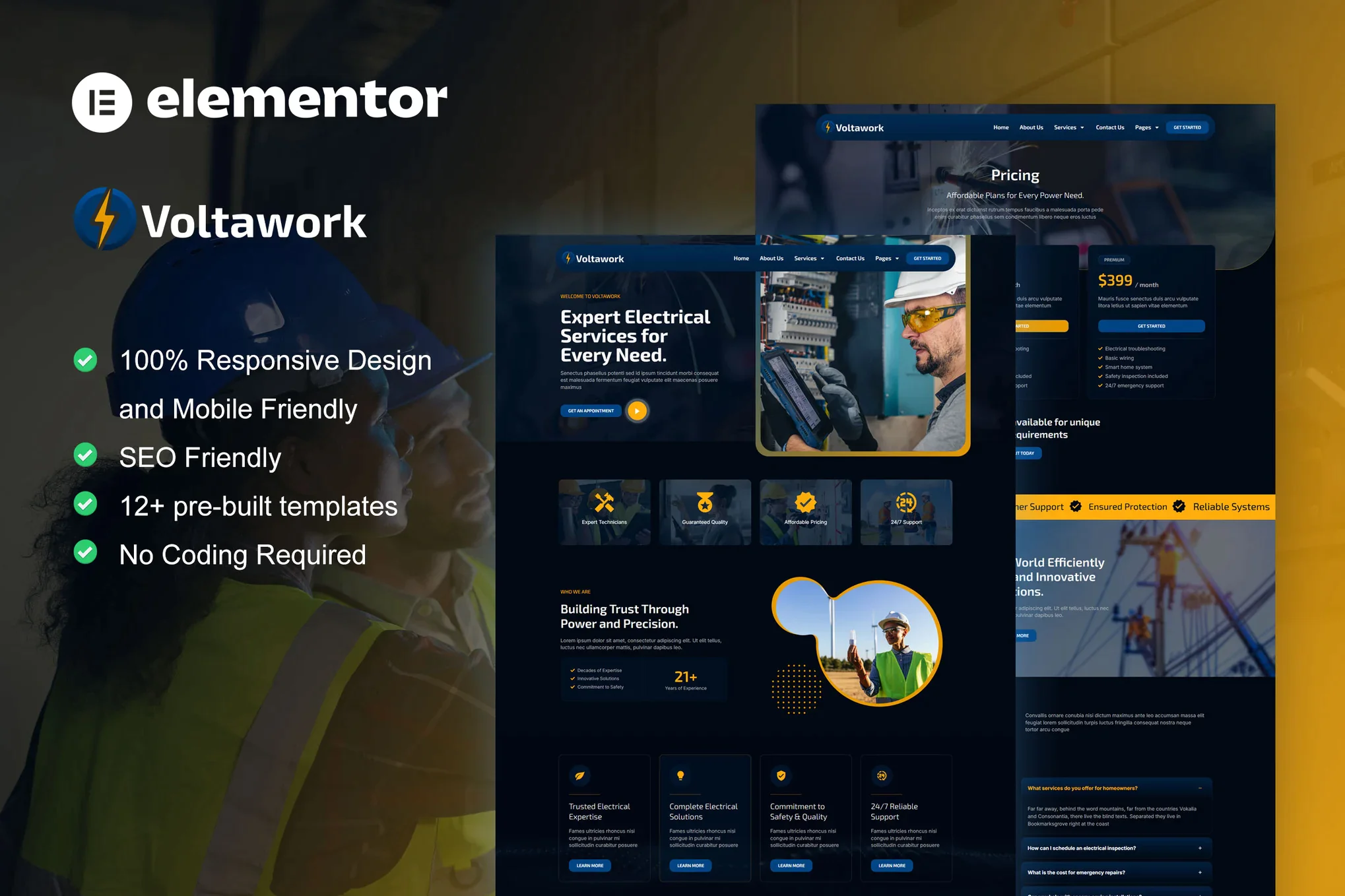 VoltaWork - Kit de plantillas Elementor para servicio eléctrico