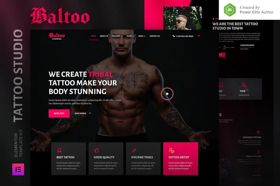 Baltoo — Kit de plantillas Elementor para estudio de tatuajes y artistas