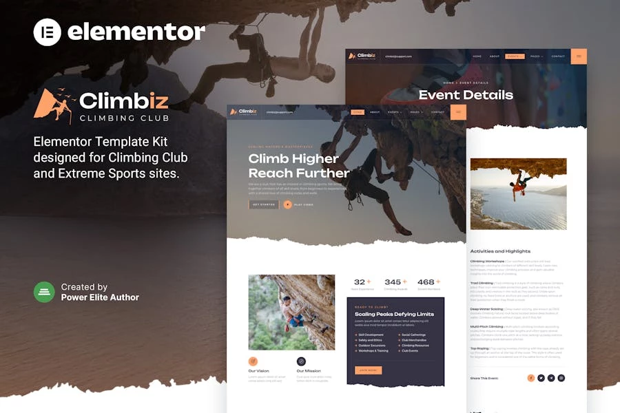 Climbiz — Kit de plantillas Elementor para clubes de escalada y deportes extremos