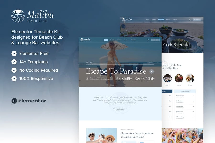 Malibú — Kit de plantillas Elementor para club de playa y bar lounge