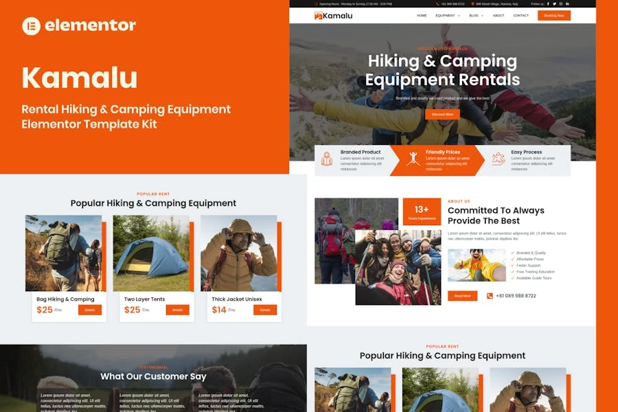 Kamalu - Kit de plantillas Elementor Pro para alquiler de equipos de senderismo y acampada