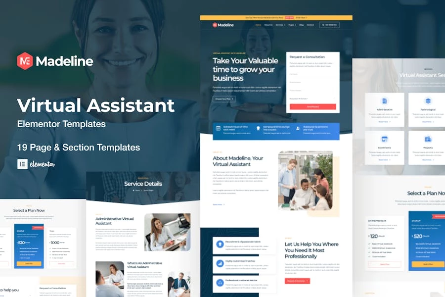 Madeline - Kit de plantillas Elementor para sitios web de asistente virtual
