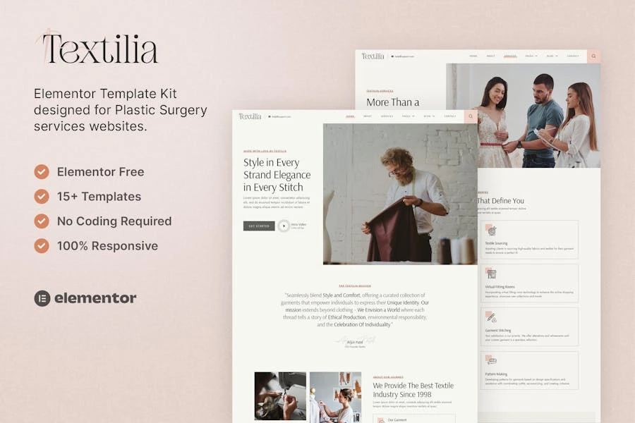 Textilia — Kit de plantillas Elementor para la industria textil y de la confección