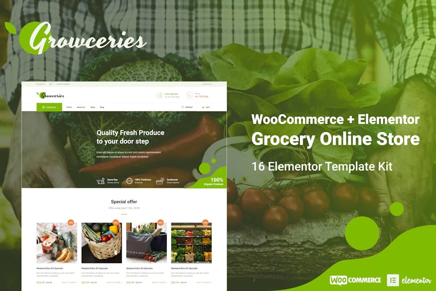 Growceries - Kit de plantillas Elementor para tiendas de alimentos y abarrotes