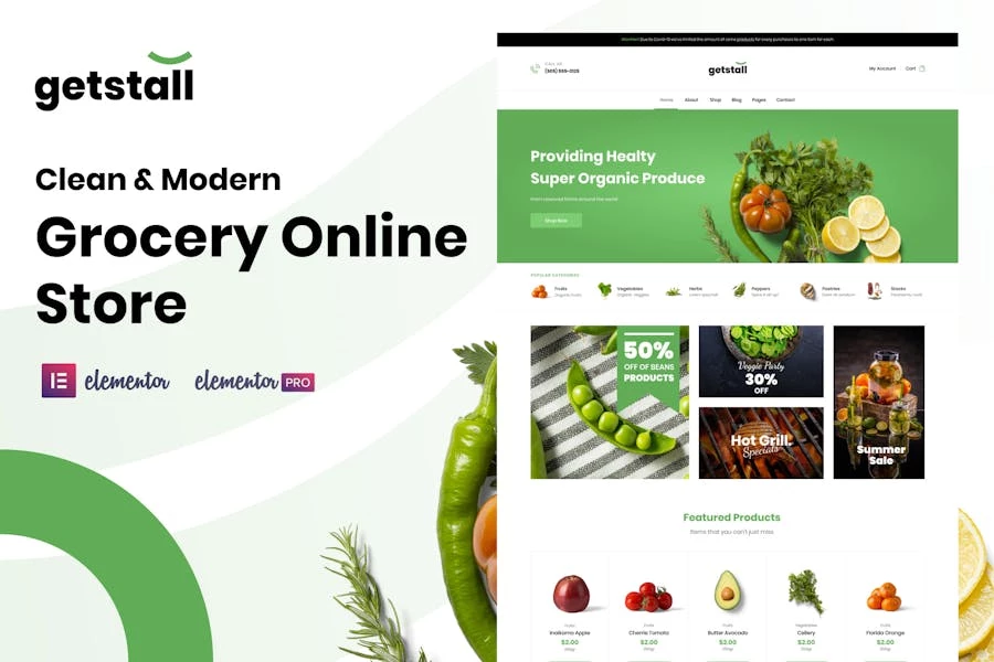Getstall - Kit de plantillas Elementor para tiendas de comestibles