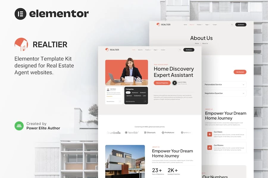 Realtier — Kit de plantillas Elementor para agentes inmobiliarios y inmobiliarios