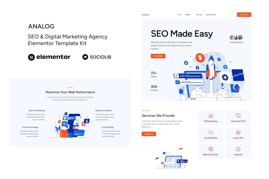 Analógico: kit de plantillas Elementor para agencia de SEO y marketing digital