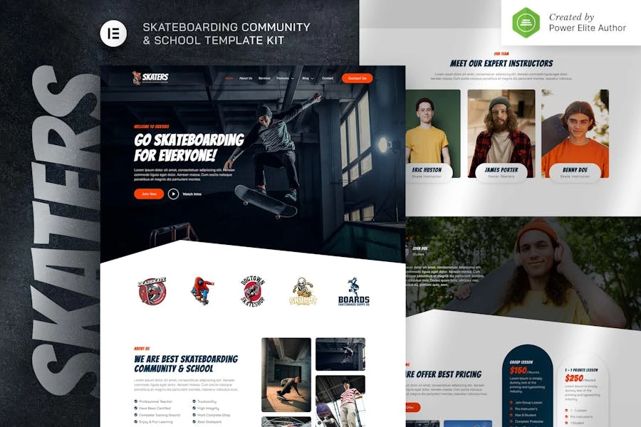 Patinadores — Kit de plantillas Elementor para la Comunidad de Skateboarding y el Club
