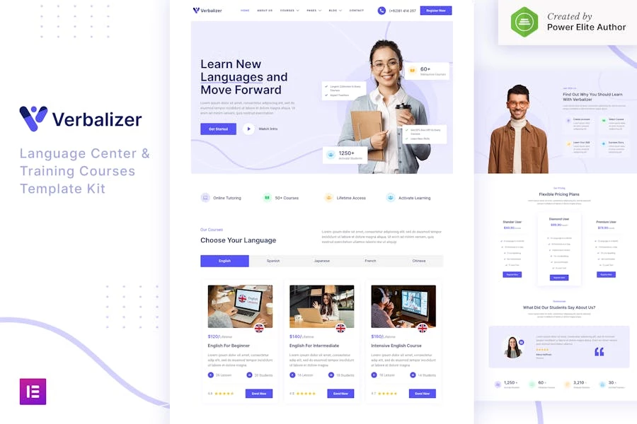 Verbalizer — Kit de plantillas Elementor para centros de aprendizaje y cursos de idiomas