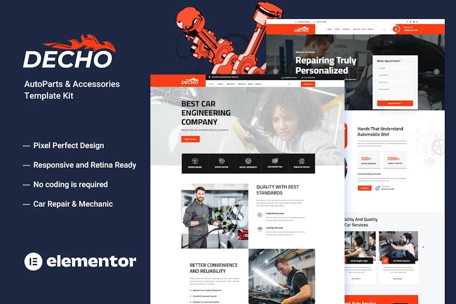 Decho - Template Kit Elementor para mecánicos de reparación de automóviles