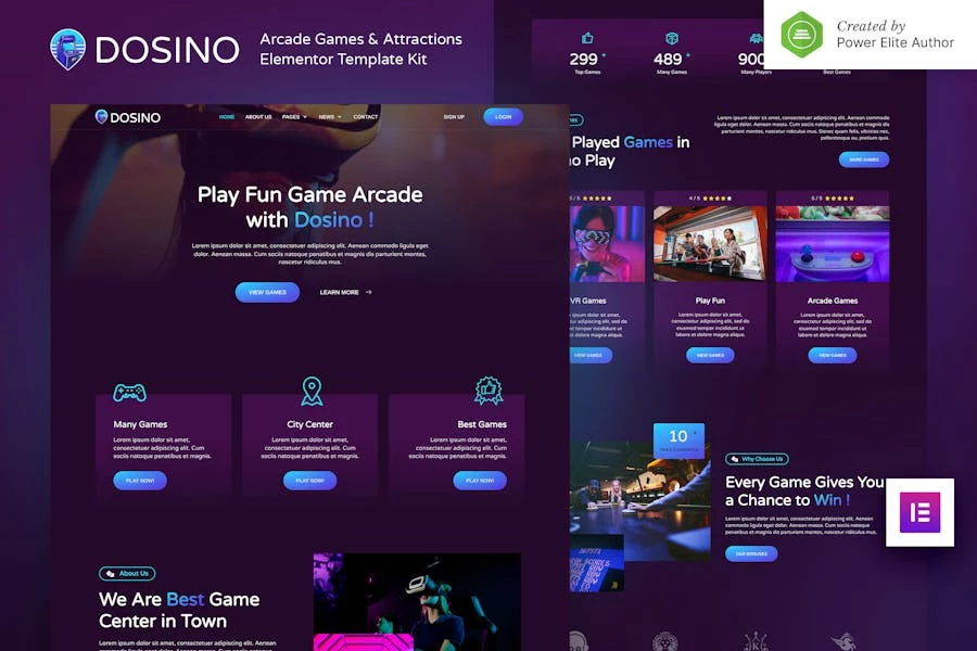 Dosino — Kit de plantillas Elementor para juegos y atracciones de arcade