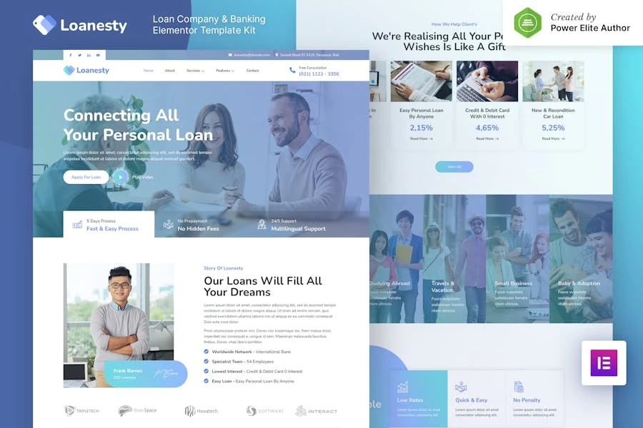 Loanesty — Kit de plantillas Elementor para compañías de préstamos y bancos