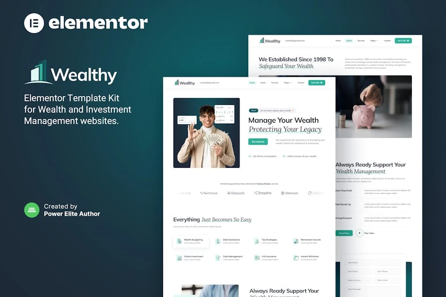 Wealthy — Template Kit Elementor para gestión de patrimonio e inversiones