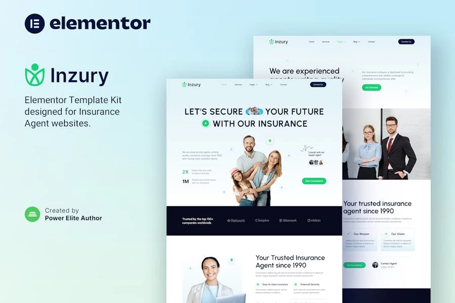 Inzury — Kit de plantillas Elementor para agentes de seguros y consultores