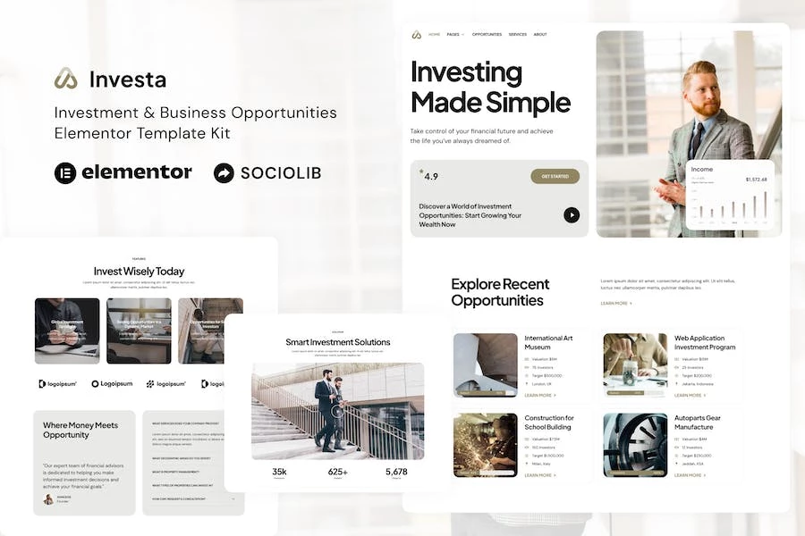 Investa - Kit de plantillas Elementor para oportunidades de inversión y negocios