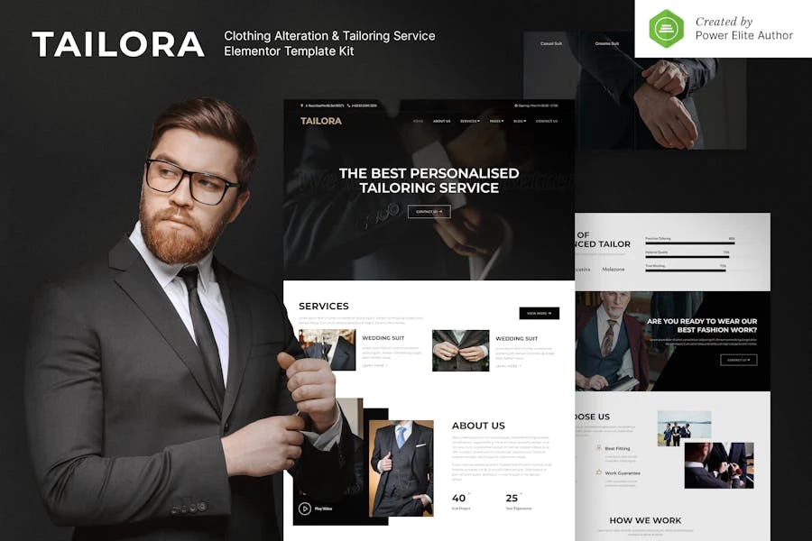 Tailora — Kit de plantillas Elementor para servicio de confección y modificación de ropa