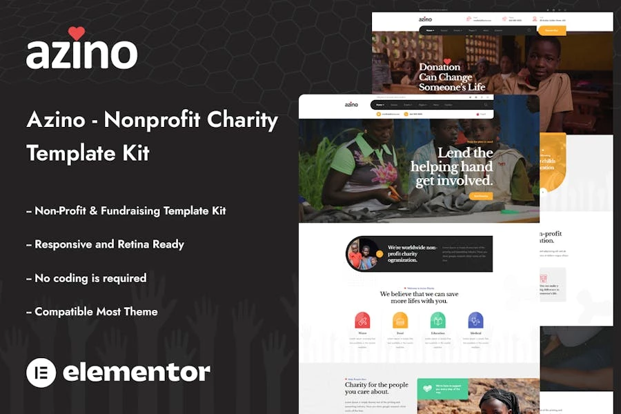 Azino - Kit de plantillas Elementor para organizaciones benéficas sin fines de lucro