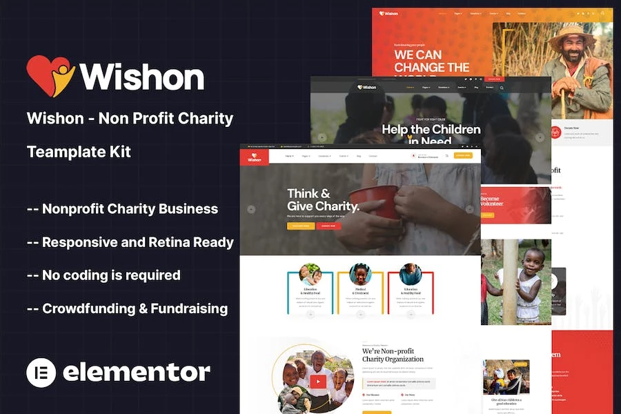 Wishon - Kit de plantillas Elementor para organizaciones benéficas sin fines de lucro