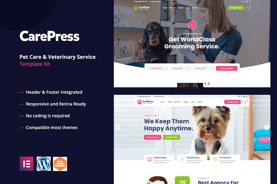 CarePress - Template Kit Elementor para cuidado de mascotas y veterinaria
