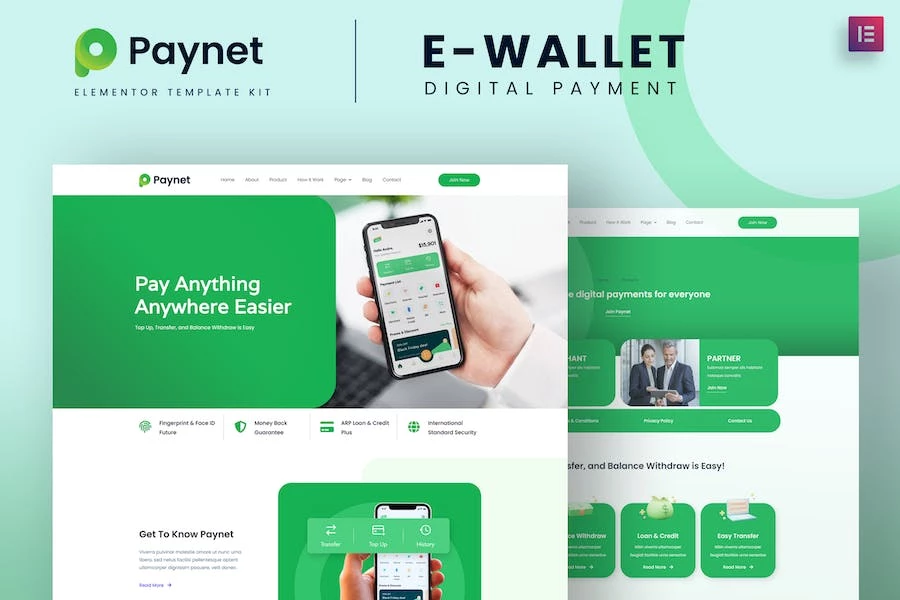Template Kit Elementor para monedero electrónico digital Paynet