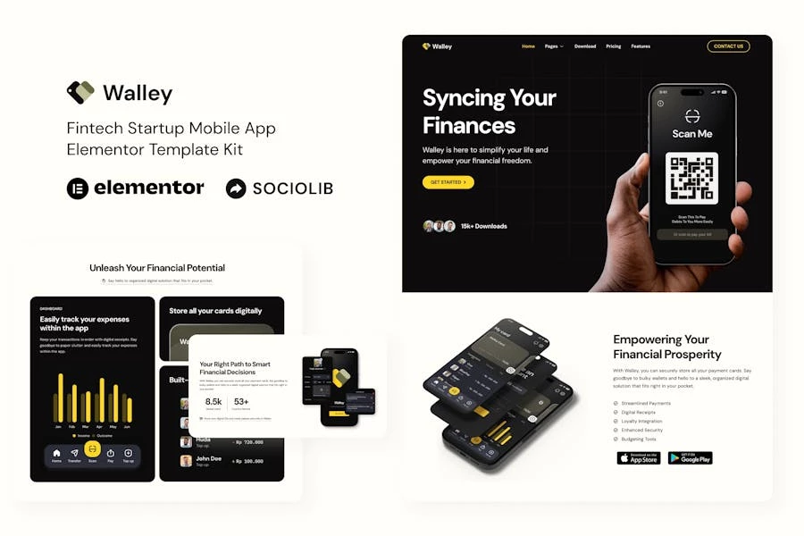 Walley - Kit de plantillas Elementor de la Aplicación Móvil para Startups Fintech