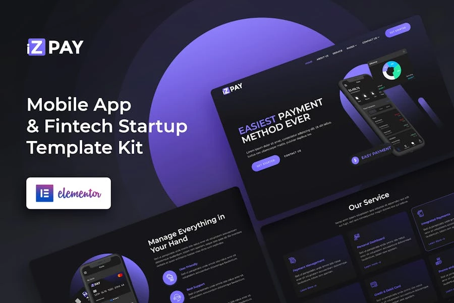 IzPay - Template Kit Elementor para startups de Aplicación móviles y fintech