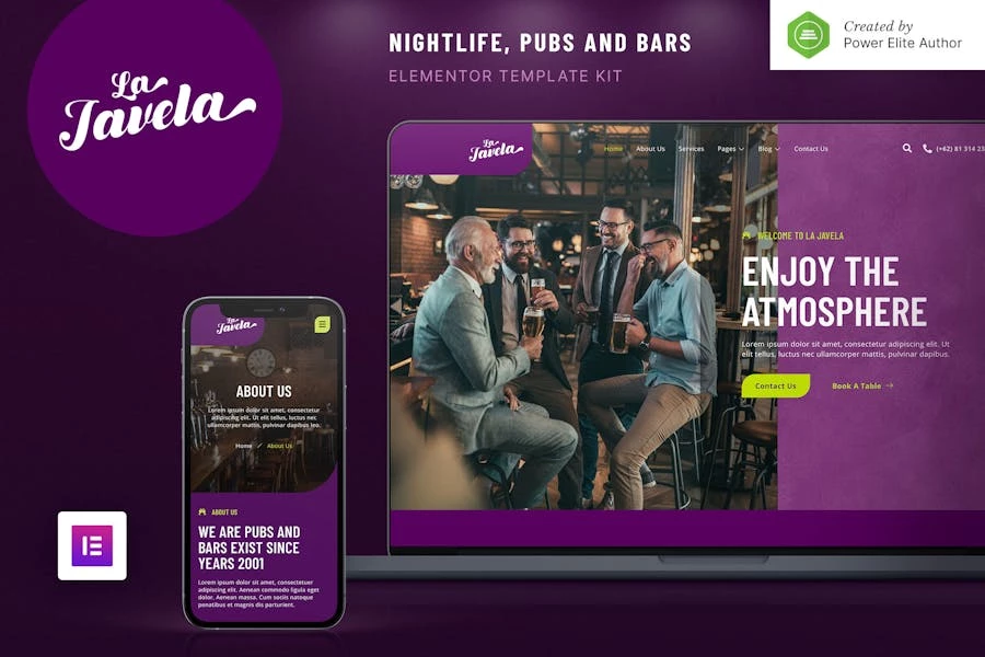 LaJavela — Kit de plantillas Elementor para bares, vida nocturna y pubs