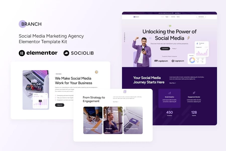 Branch - Kit de plantillas Elementor para Agencia de Marketing en Redes Sociales