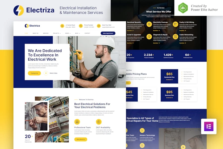 Electriza - Template Kit Elementor para servicios de instalación y mantenimiento eléctricos