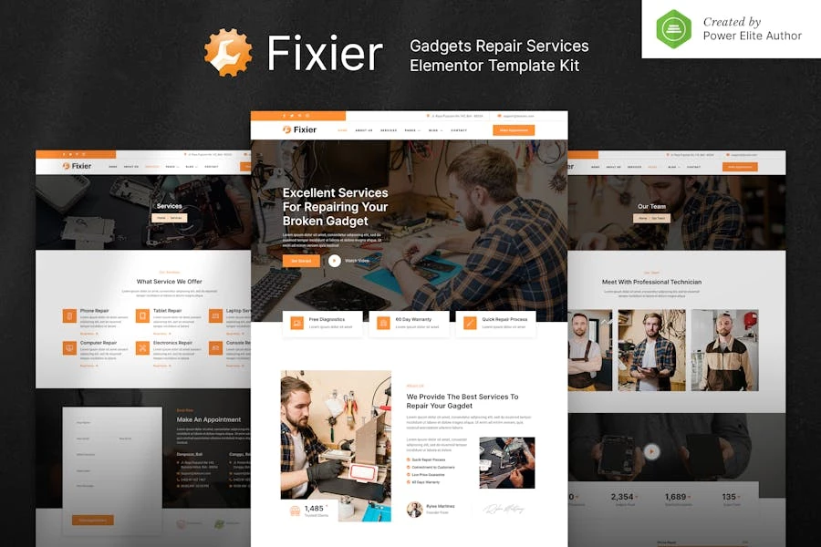 Fixier — Kit de plantillas Elementor para servicios de reparación de aparatos electrónicos y artilugios