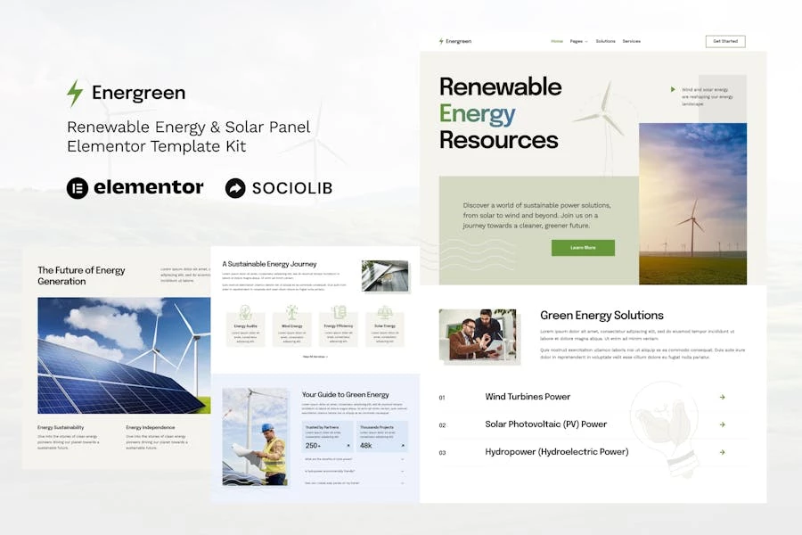 Energreen - Kit de plantillas Elementor para paneles solares y energías renovables