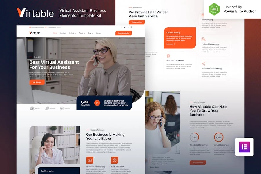 Virtable - Template Kit de Elementor empresarial de asistente virtual