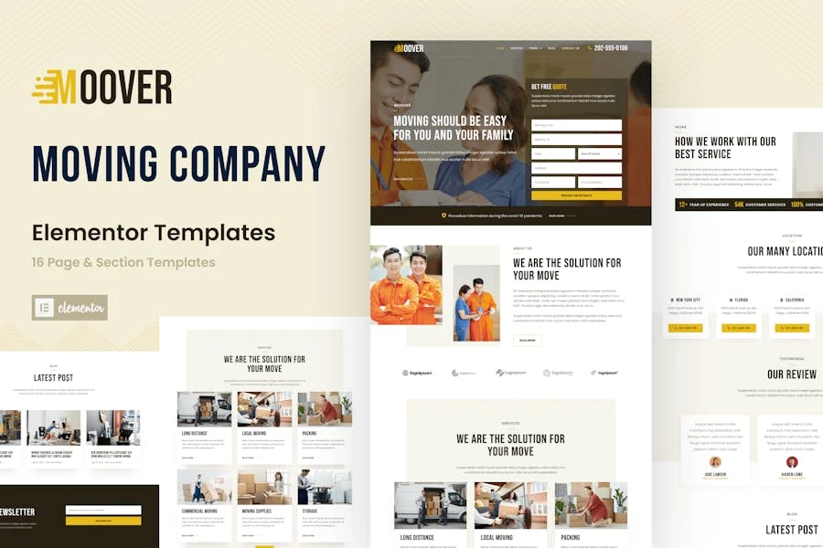 Moover - Kit de plantillas Elementor para sitio web de una empresa de mudanzas