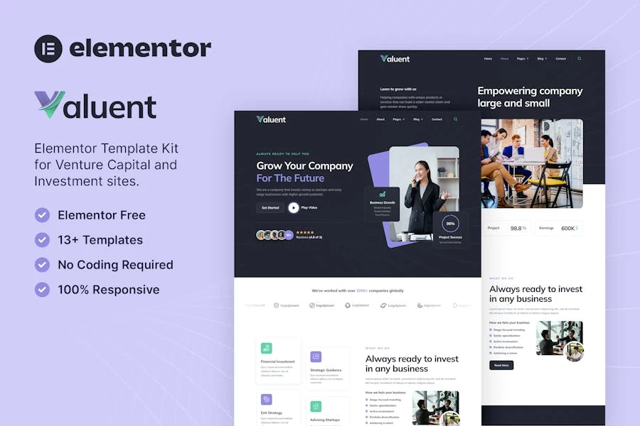 Valuent — Template Kit Elementor para capital de riesgo e inversión