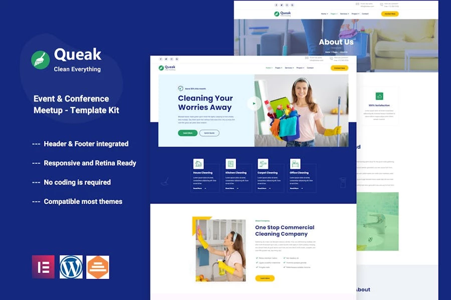 Queak - Template Kit Elementor para servicio de limpieza