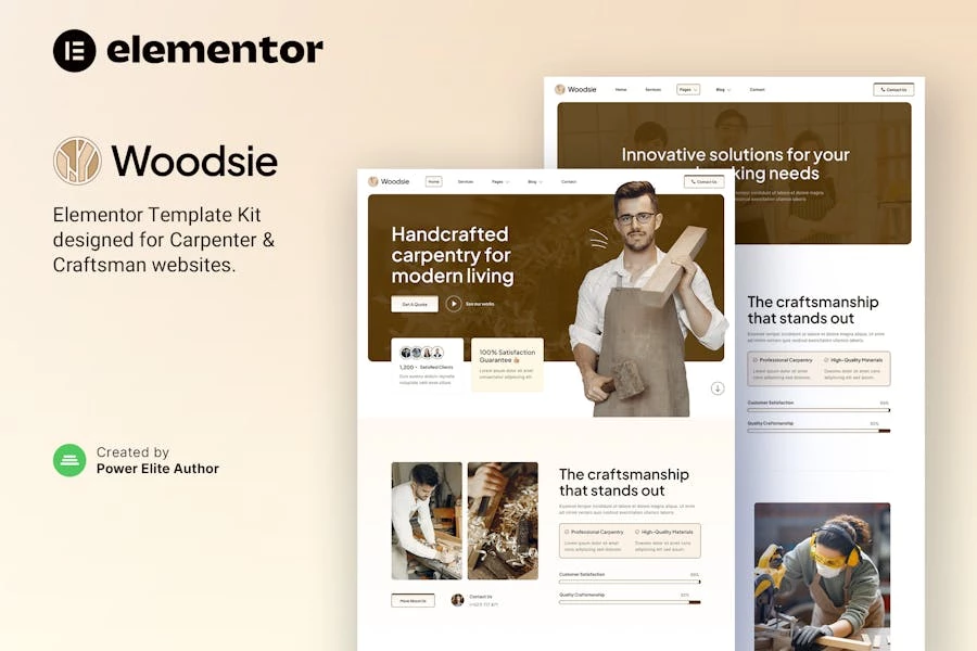 Woodsie — Template Kit Elementor para carpintero y artesano