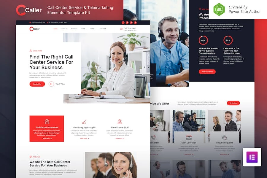 Callerr - Template Kit Elementor de servicio de centro de llamadas y telemarketing