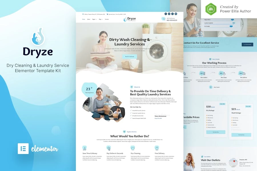 Dryze — Kit de plantillas Elementor para servicio de tintorería y lavandería