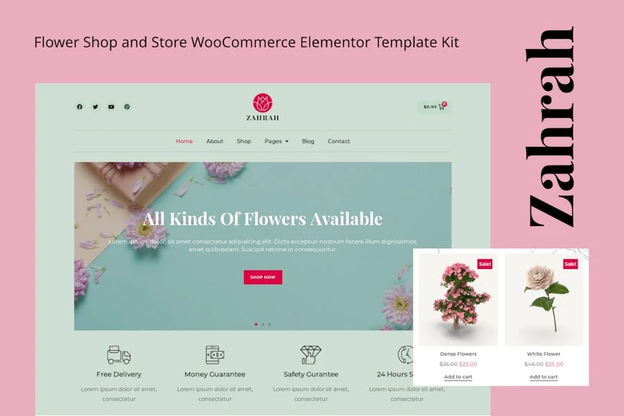 Zahrah - Kit de plantillas WooCommerce Elementor para floristerías y tiendas