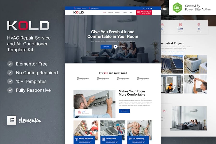 Kold — Kit de plantillas Elementor para servicios de reparación de aire acondicionado y HVAC